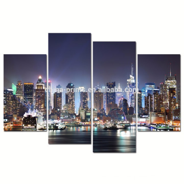 New York Hudson River Canvas Wall Art / Modern City Night Canvas Prints / 4 Panneaux To Canvas Artwork Wholesale